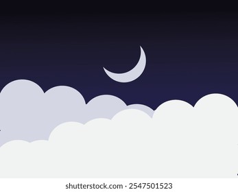 Night sky with Moon, stars and clouds. Dark blue space, moon night and star night sky background. Vector illustration.