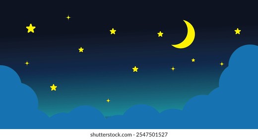 Night sky with Moon, stars and clouds. Dark blue space, moon night and star night sky background. Vector illustration.