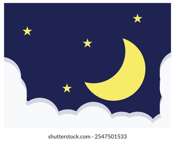 Cielo nocturno con Luna, estrellas y nubes. Espacio azul oscuro, noche de la luna y fondo del cielo nocturno de la estrella. Ilustración vectorial.