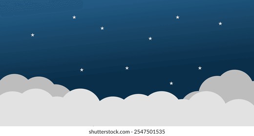 Night sky with Moon, stars and clouds. Dark blue space, moon night and star night sky background. Vector illustration.
