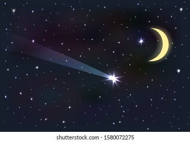Night sky with moon and stars. Falling star in midnight. Meteoroid enters in the atmosphere to become a meteor. Celestial Omen. Transparency effects used. Vector illustration.