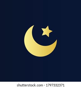Night sky moon and stars on deep blue background flat vector illustration good night relaxation sleeping nighttime moonlight half-moon midnight icon symbol astronomy app logo. Islam ramadan eid.