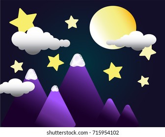 Night Sky with Moon and Stars over Mountains
