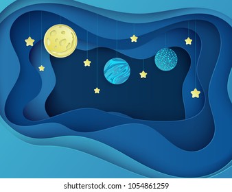 Cielo nocturno con luna, estrellas y planetas. Fondo abstracto en 3D con formas de origami. Olas de papel, textura de capas. Diseño geométrico.