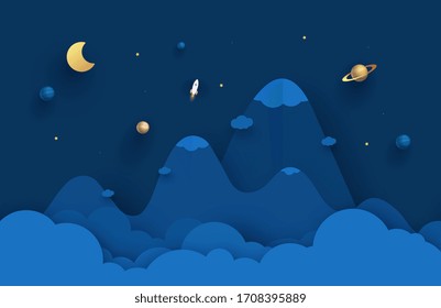 Night sky with moon, stars and planets. Paper art 3D abstract background with origami shapes. Paper waves, layers texture. Geometric design layout.