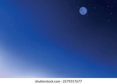 Night sky with moon and stars, smooth blue gradient, space, atmospheric background.