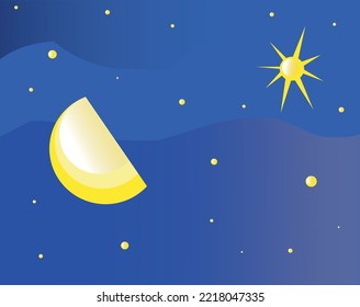 Cielo nocturno. Luna y estrellas. Estilización.Ilustración vectorial.300 dpi.CMYK color.Diseño plano.
