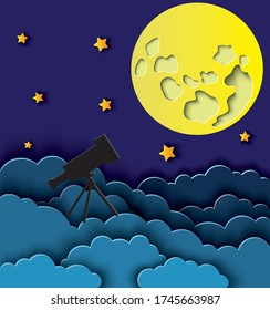 Night sky with moon, stars and telescope in paper cut style