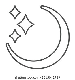 Night sky with moon and stars thin line icon, arabian desert concept. Vector graphics. Moon and stars, starry night sign on white background, outline style icon for mobile or web design