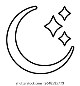 Night sky with moon and stars thin line icon, arabian desert concept. Vector graphics. Moon and stars, starry night sign on white background, style mobile or design