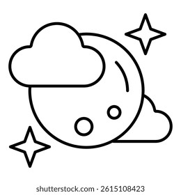 Night sky moon thin line icon, halloween concept. Vector graphics. Clouds with moon sign on white background, linear style mobile or design