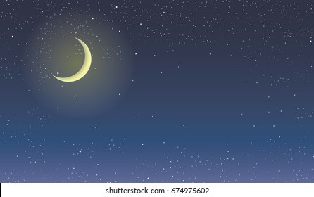 Night Sky with Moonlight.Crescent Moon and Beautiful Starry Sky vector Illustration.