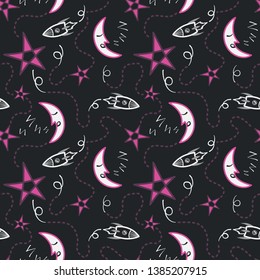Night sky with moons, stars and rockets vector seamless pattern background In pink tones.