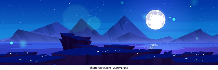 Night sky and mountain landscape cartoon illustration. Vector design of full moon glowing above sea surface and rocky ridge, sparkles shimmering in air, moonlight reflection on water. Scenic nature