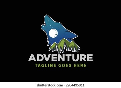 Night Sky with Mountain Pine Cedar Fir Forest in Howling Wolf Head for Outdoor Adventure Camp Logo Design Vector