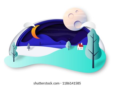 Night sky and nature landscape scenery with house and mountains paper cut abstract background.Vector illustration.