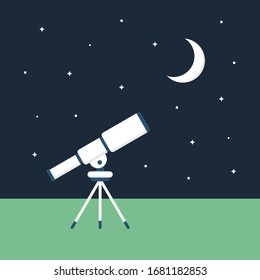 Concepto de observación del cielo nocturno. Telescopio mirando la luna y las estrellas.