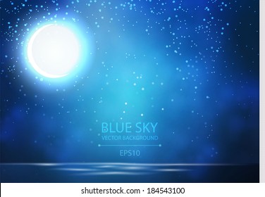 night sky with ocean, moon & stars vector background