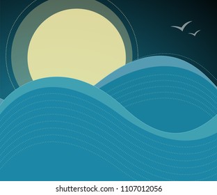 Night sky and ocean waves background in vector format