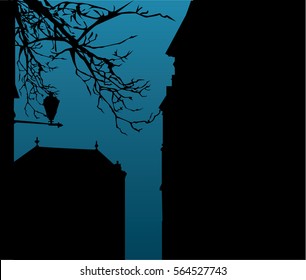 Night sky old Victorian street, buildings
vector cityscape illustration