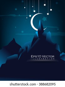 night sky outdoor view mountain, hanging moon and stars conceptual landscape background illustration