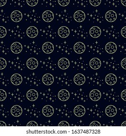 Night Sky. Outline Thin Line Stroke Moon and stars. Minimalistic icons. Neon color graphic vector seamless pattern. Simple design. Trendy illustration. Kids room Wallpaper or ceiling decoration