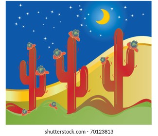 night sky over blooming desert cactus with quarter moon and stars, vector