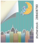 Night sky over city and man playing flute on the moon. Vector in paper cut style