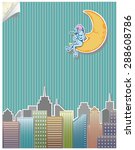 Night sky over city and man playing flute on the moon. Vector in paper cut style