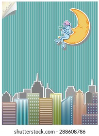 Night sky over city and man playing flute on the moon. Vector in paper cut style