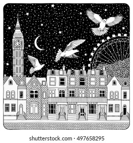 Night sky over London - artistic black and white illustration of British houses with a few dark windows, typical tourist sights in the background and birds flying over the city
