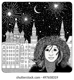 Night sky over Moscow - artistic black and white illustration of houses, cathedrals, fireworks and a girl 