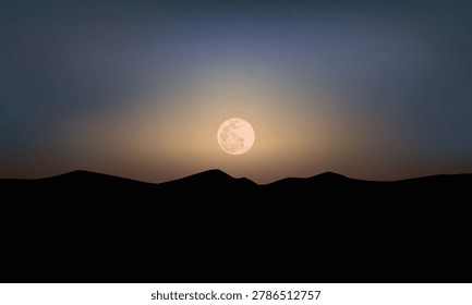 Night sky over mountain range with glowing full moon