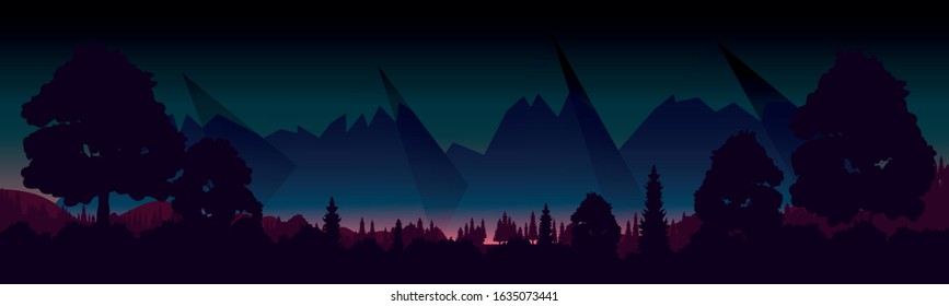 Night sky over the mountains. big forest. City lights in the distance. Beautiful landscape. Vector