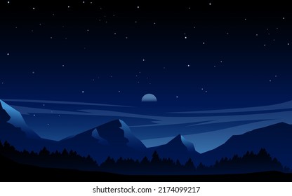 Night sky over mountains landscape illustration