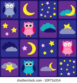 Night sky with owls. Seamless vector pattern
