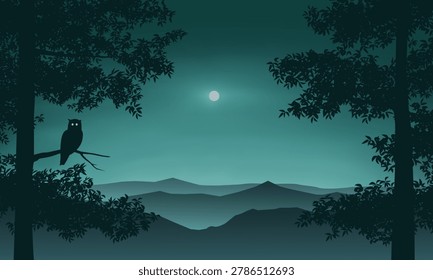 Night sky panorama in forest with an owl and moonlight