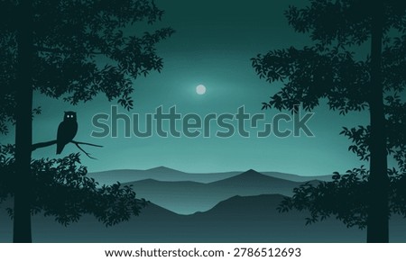 Night sky panorama in forest with an owl and moonlight