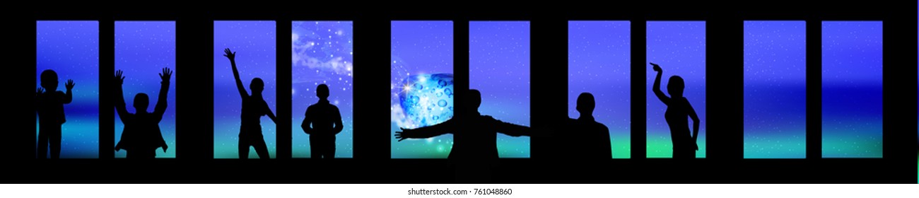 night sky panorama. long horizontal vector image of a large size. the meteorite falls on the city. view from the window. silhouettes of people.