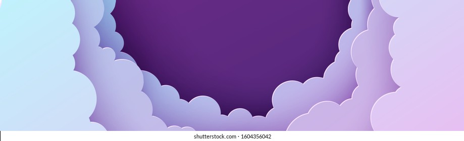 Night sky panorama in paper cut style. Cut out 3d horizontal background with violet and blue gradient cloudy landscape papercut art. Cute origami clouds. Vector card for wish good night sweet dreams.