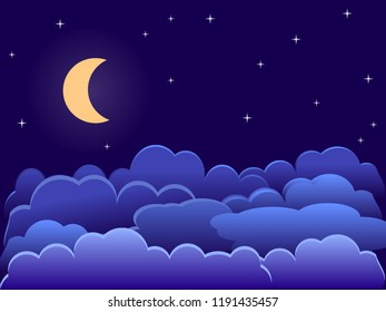 Night sky with paper cumulus clouds. Vector illustration