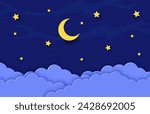 Night sky with paper cut moon crescent and stars in clouds, cartoon vector background. Dream or sleep art and bedtime fairy tale background with paper cut clouds and starry sky for kids or baby room