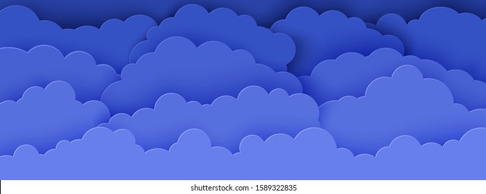 Night sky in paper cut style. 3d background with dark cloudy landscape papercut art. Cute horizontal banner by cardboard origami clouds. Vector card for wish good night sweet dreams