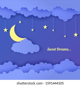 Night sky in paper cut style. 3d background with dark cloudy landscape with stars and moon papercut art. Garland with stars. Cute cardboard origami clouds, vector card for wish good night sweet dreams