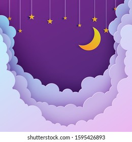 Night sky in paper cut style. Cut out 3d background with violet and blue gradient cloudy landscape with stars and moon papercut art. Cute origami clouds. Vector card for wish good night sweet dreams.