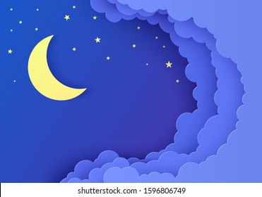 Night sky in paper cut style. 3d background with dark cloudy landscape with stars and moon papercut art. Sky with stars. Cute cardboard origami clouds. Vector card for wish good night sweet dreams.