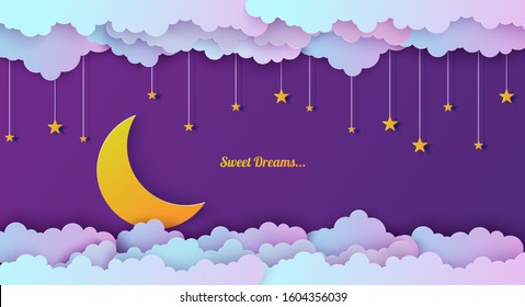 Night sky in paper cut style. Cut out 3d background with violet and blue gradient cloudy landscape with stars and moon papercut art. Cute origami clouds. Vector card for wish good night sweet dreams.