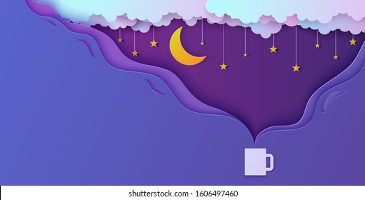 Night sky in paper cut style. Steam from hot drink cup. 3d background with violet and blue gradient cloudy landscape with stars on rope and moon papercut art. Vector card illustration. Origami clouds.