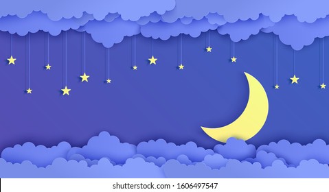 Night sky in paper cut style. 3d background with blue cloudy landscape with stars on rope and moon papercut art. Cute cardboard origami clouds. Vector card for wish good night sweet dreams.