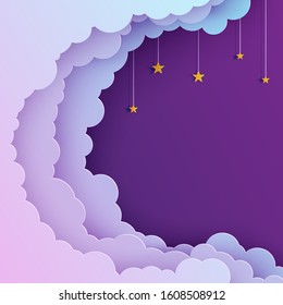 Night sky in paper cut style. Cut out 3d background with violet and blue gradient cloudy landscape with stars on rope papercut art. Cute origami clouds. Vector card for wish good night sweet dreams.